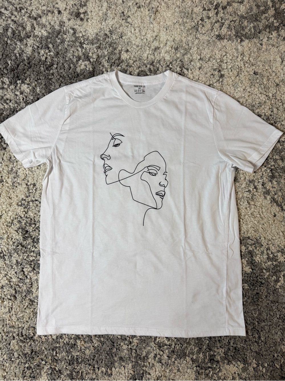 Forever 21 Men, Men’s White Tee with Minimalist Black Line-Art Faces, XL
